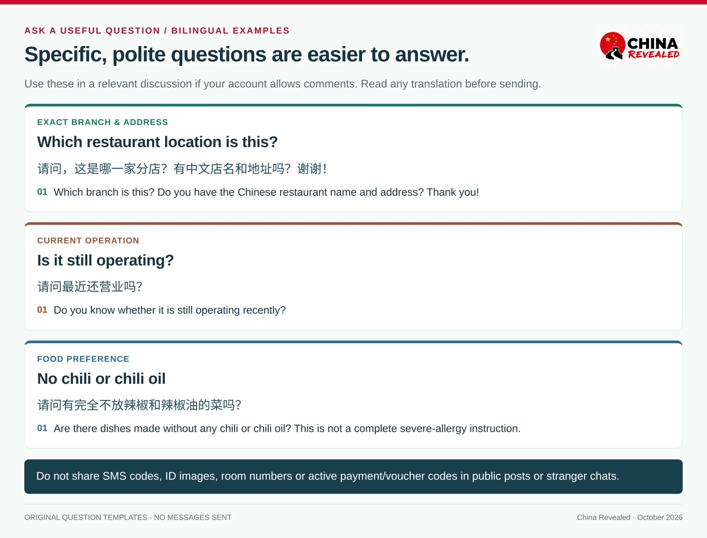 Chinese and English rednote question templates for a restaurant branch, current opening and dishes without chili