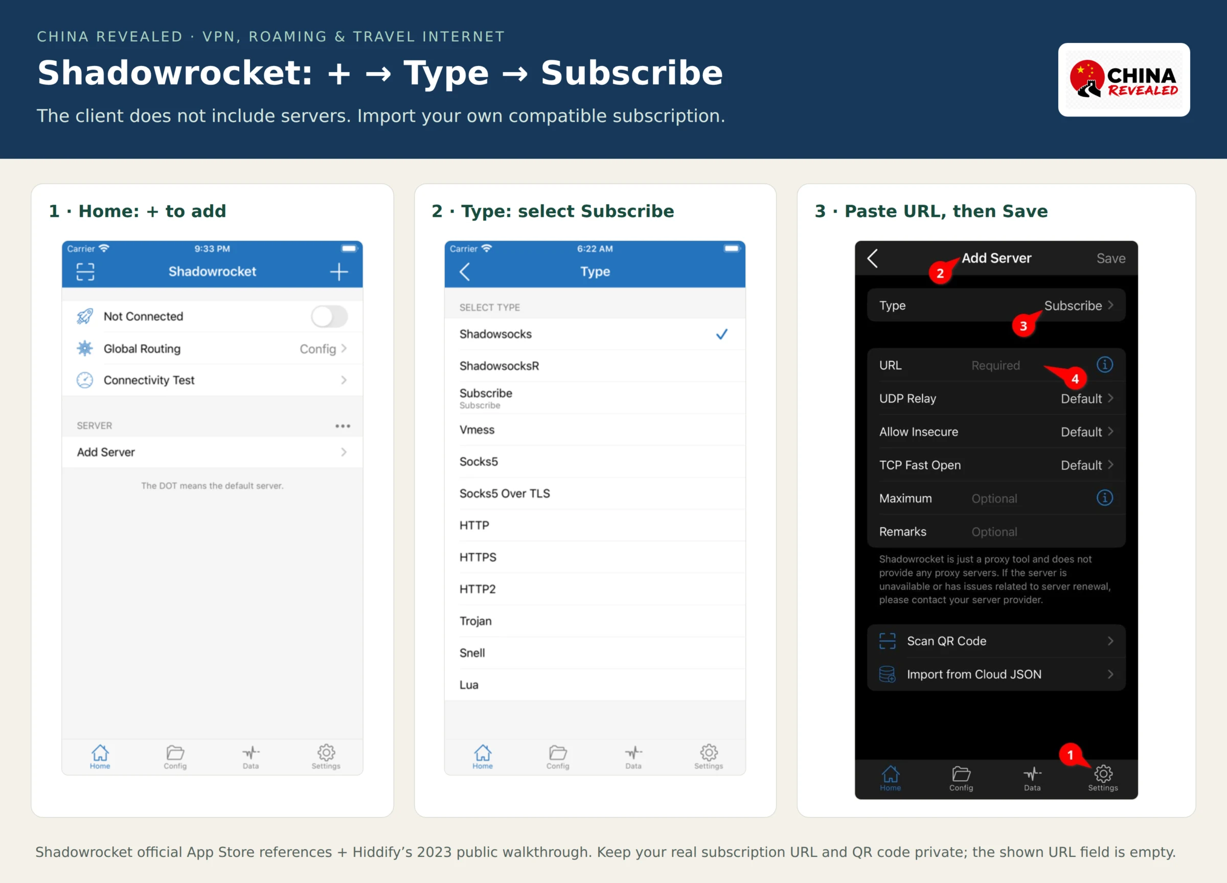 Shadowrocket reference collage showing the official Home plus button, the official Type list with Subscribe, and a public tutorial's Subscribe URL form with Save and Scan QR Code.