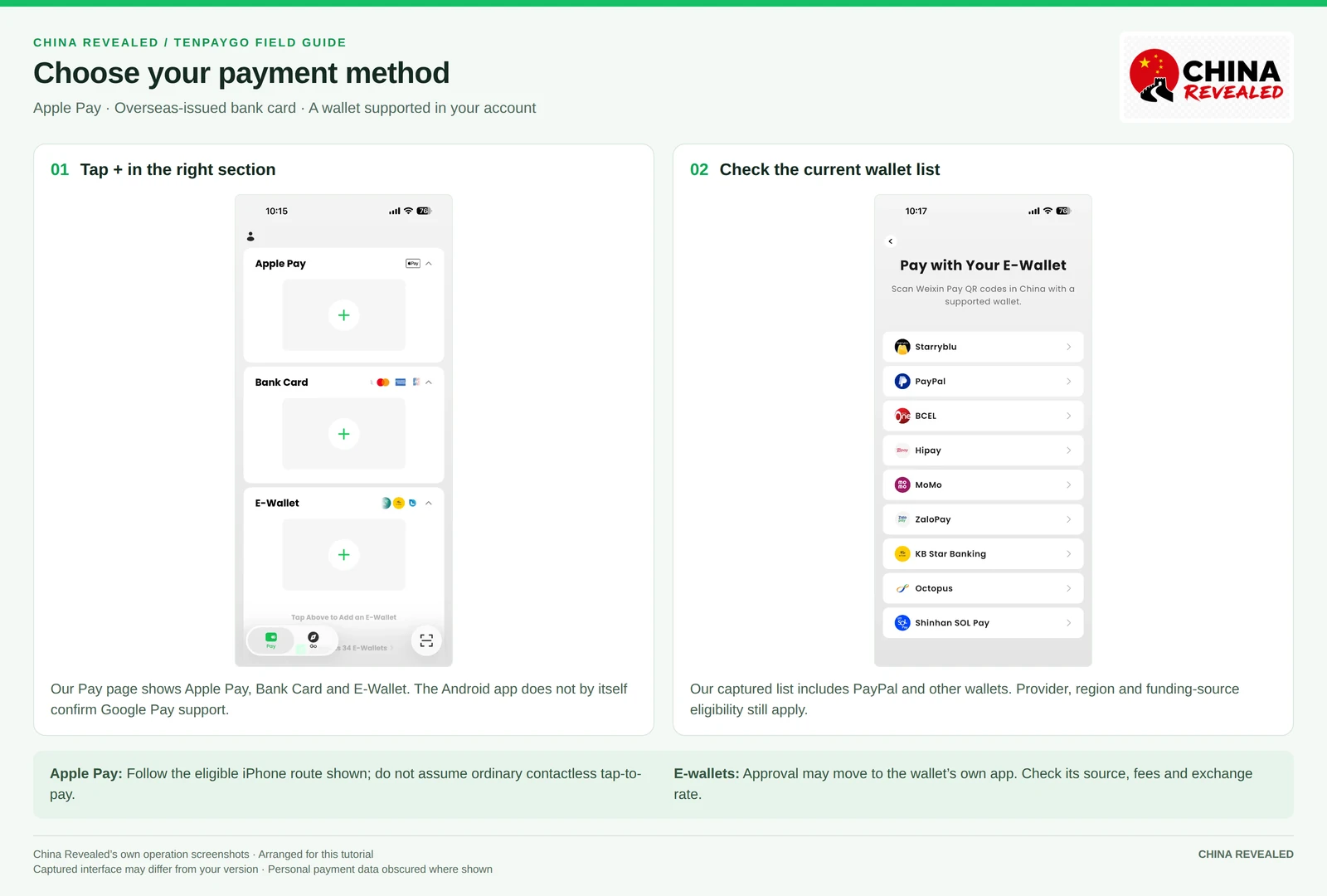 TenPayGo payment options: Apple Pay, a foreign bank card, or e-wallets such as PayPal and Starryblu