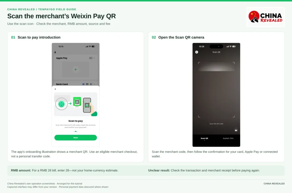 Pay with TenPayGo by scanning a merchant's Weixin Pay QR code with the in-app Scan QR camera