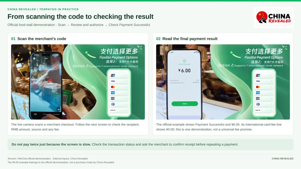 TenPayGo Payment Successful screen after scanning a food stall QR code, showing the amount and card fee