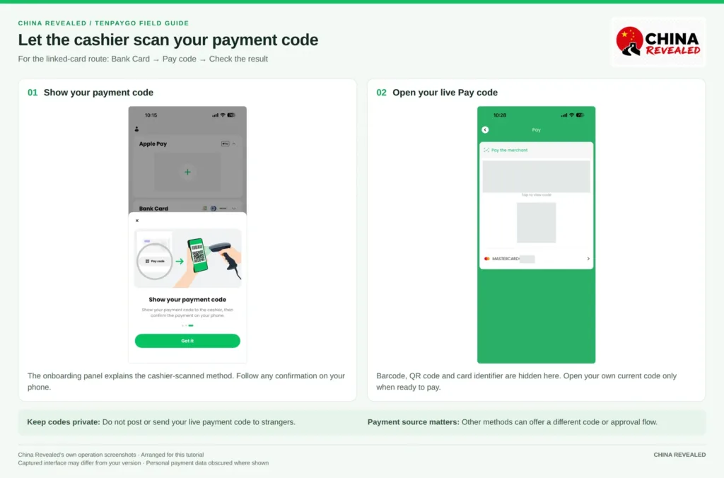 TenPayGo Pay code: show your barcode or QR code for the cashier to scan (codes hidden for privacy)