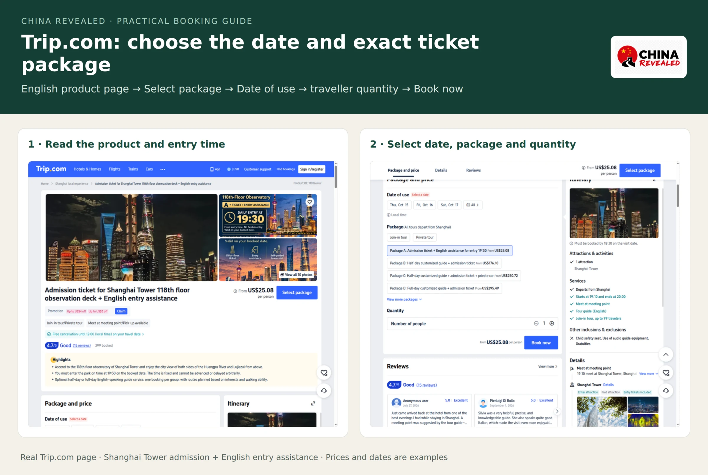 Real Trip.com Shanghai Tower product and date-selection screens showing Select package, today’s date, a 19:30 admission-plus-English-assistance option and Book now.