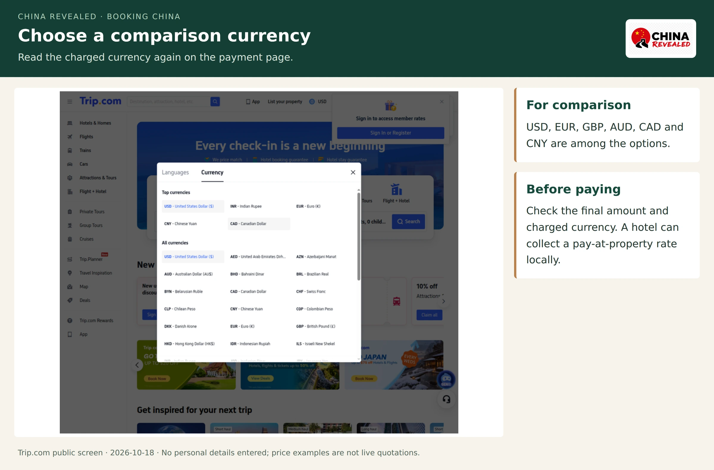 Real Trip.com currency menu showing USD, EUR, CNY, CAD and other currencies.
