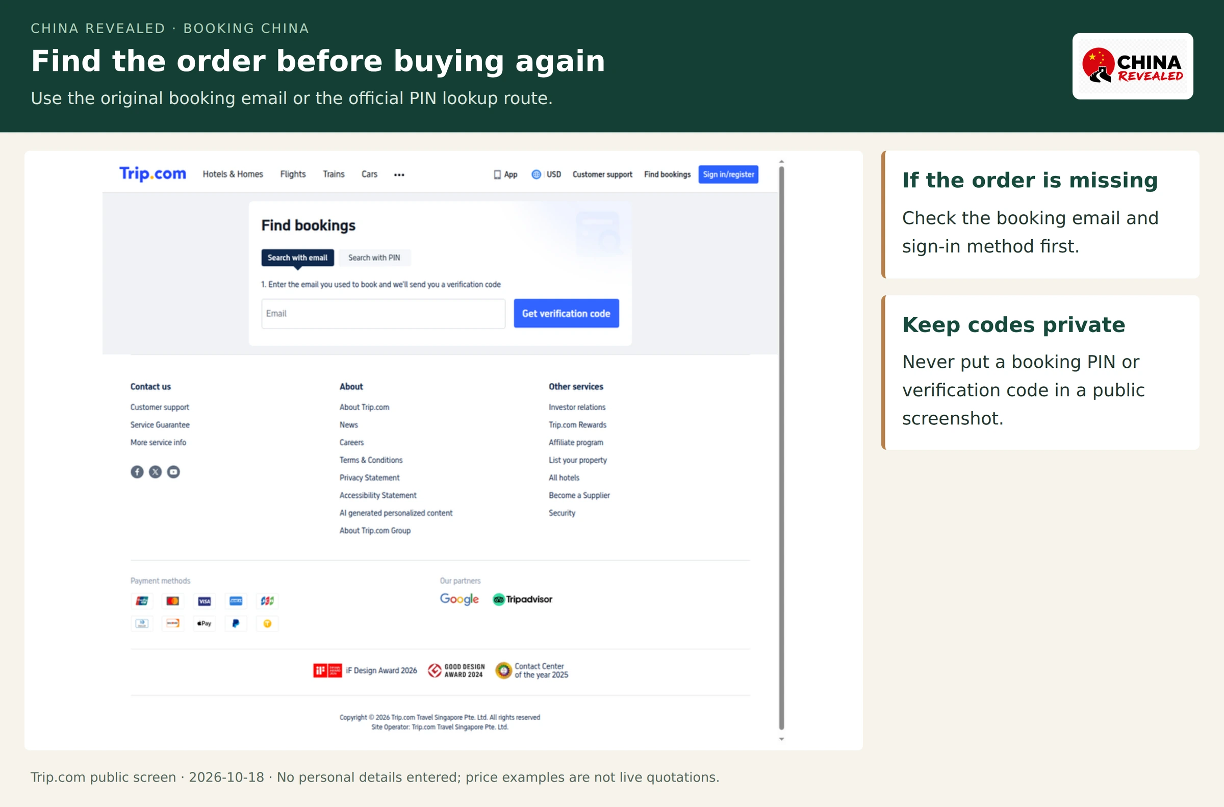 Real Trip.com Find bookings page with Search with email and Search with PIN tabs and a blank email field.