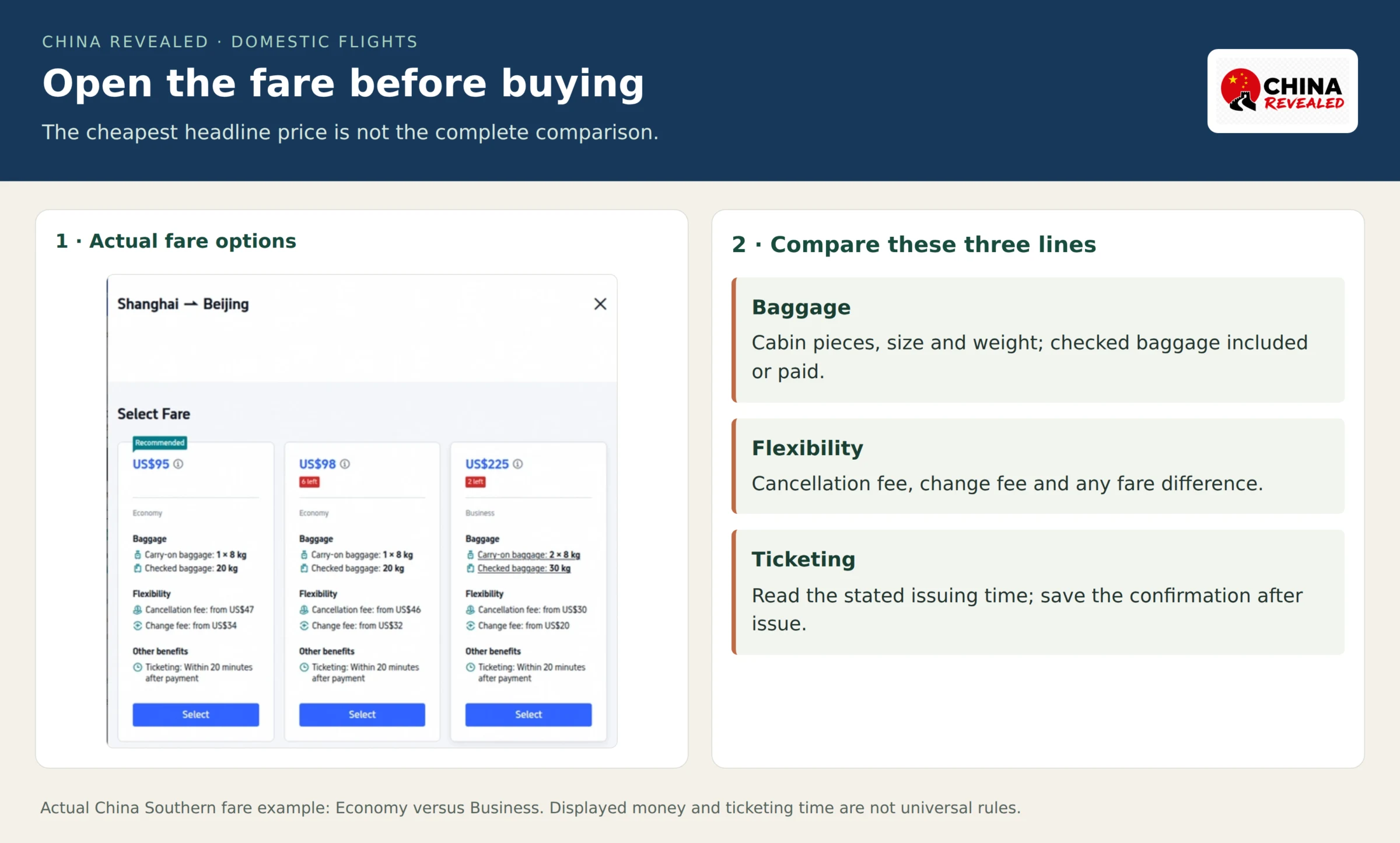 Trip.com flight and fare details reference showing available booking options, baggage allowance and change or cancellation terms to check before payment