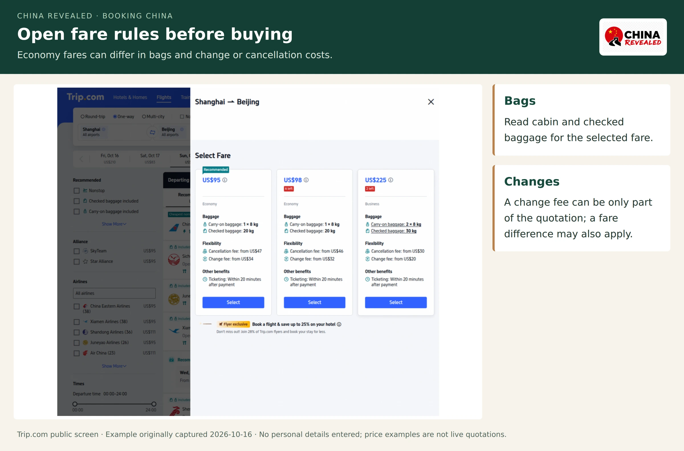 Real Trip.com fare-selection panel with economy and business options, cabin and checked baggage allowances, change fees and ticketing timelines.