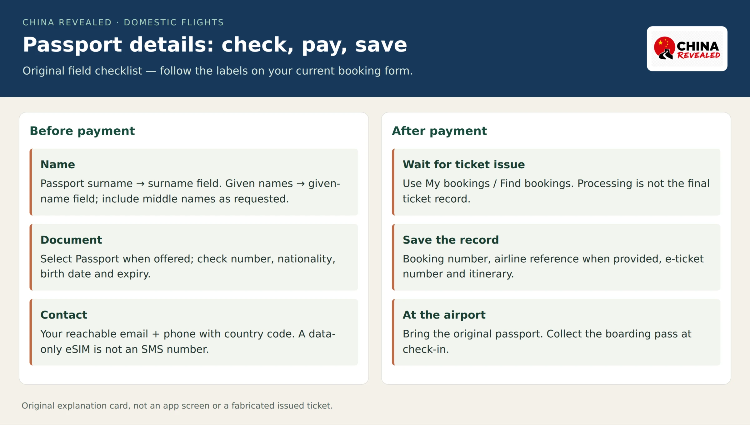 Original passport-booking checklist showing name and document checks, reachable contact details, ticket-issue confirmation and the booking records to save
