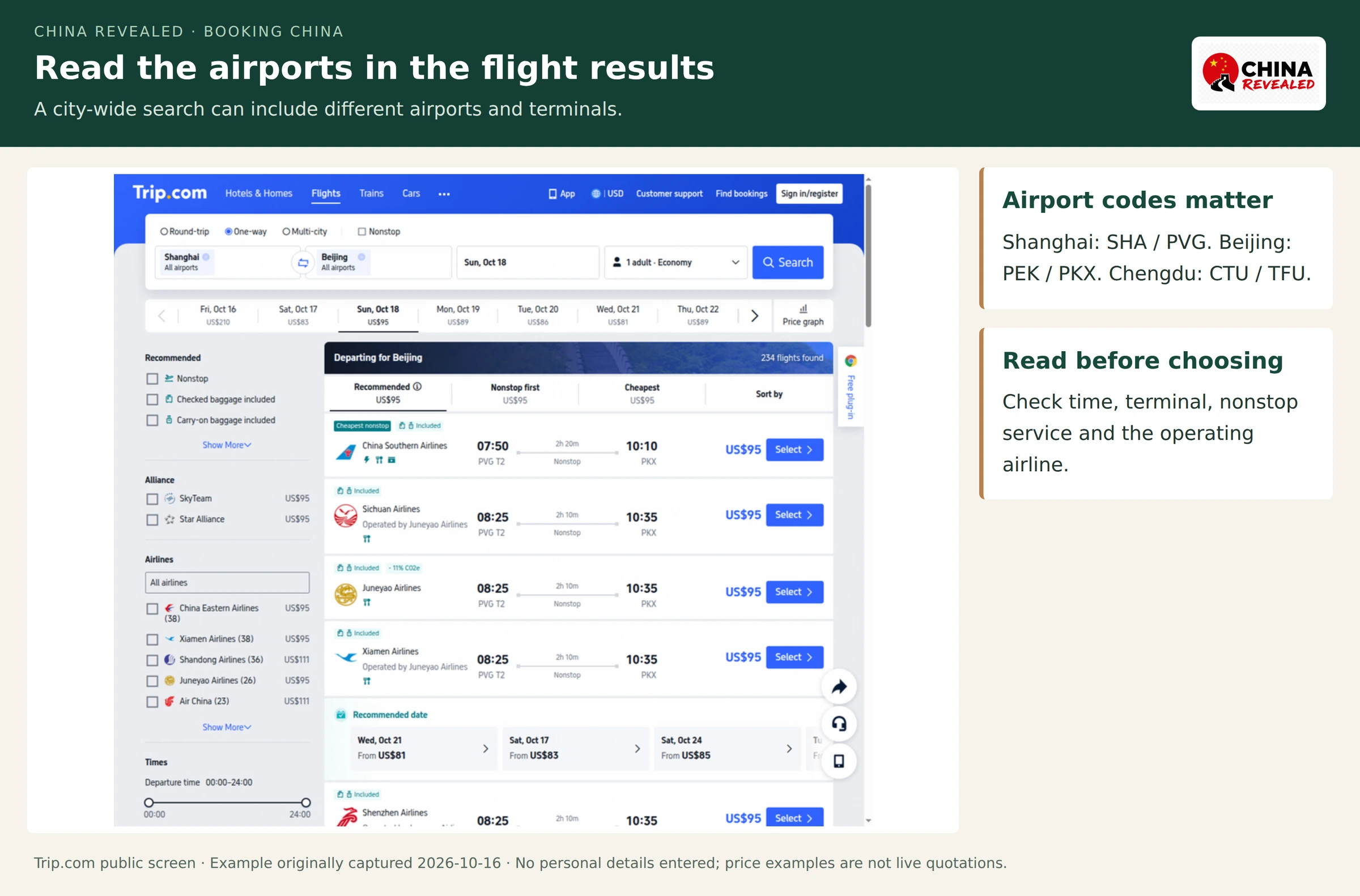 Real Trip.com Shanghai-to-Beijing flight-results example showing PVG departures and PKX arrivals, airlines, times and nonstop filters.
