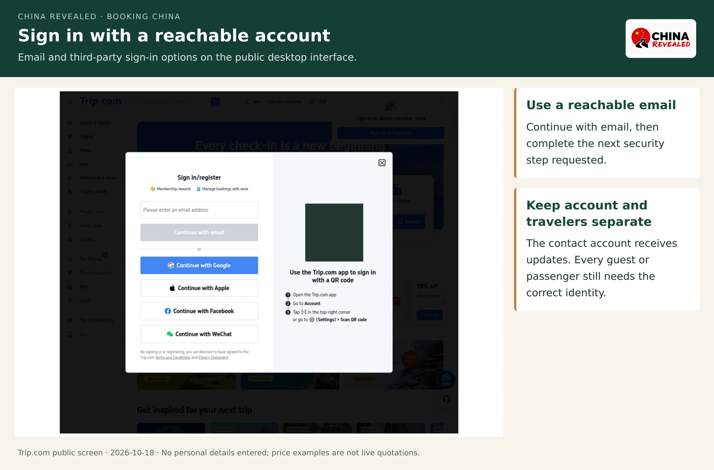 Real Trip.com sign-in screen with a blank email field and Google, Apple, Facebook and WeChat options; session QR code concealed.