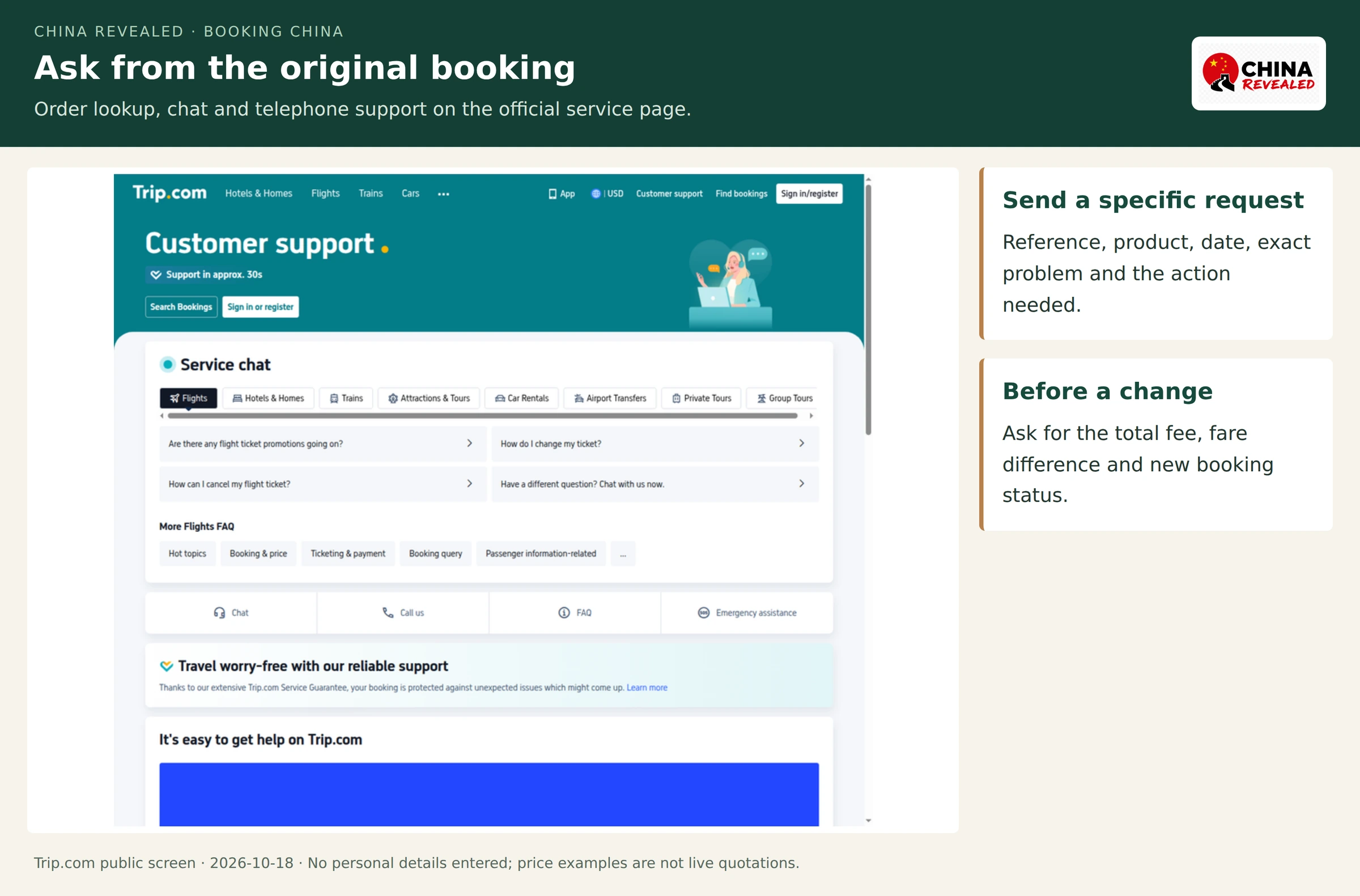 Real Trip.com Customer Support page showing booking search and chat or telephone assistance routes.