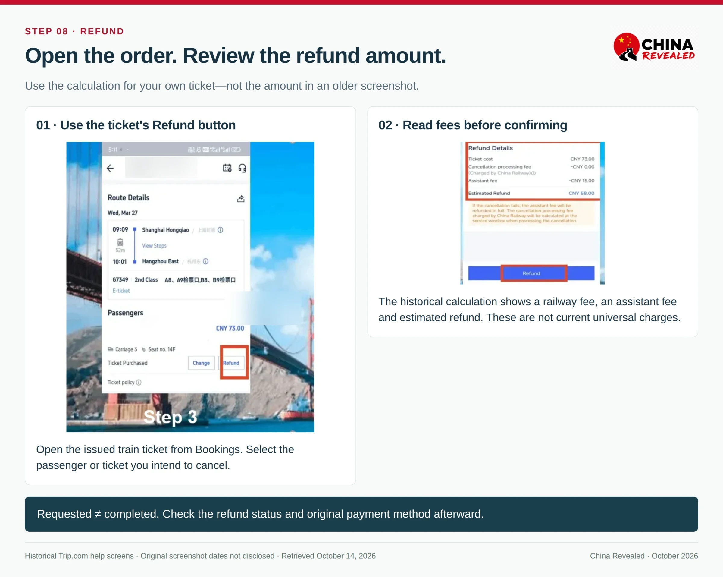 Historical Trip.com train-refund reference showing the amount to review before confirming, with personal booking details hidden.