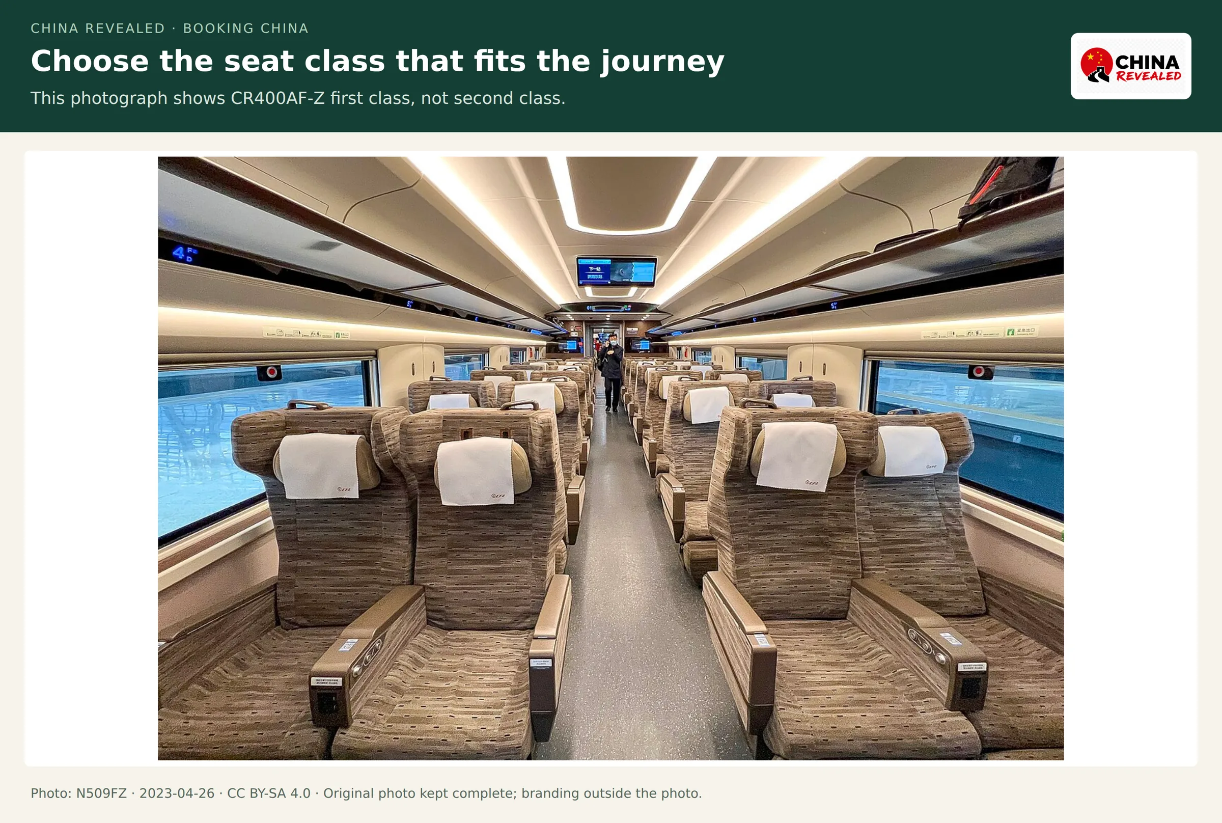 Real CR400AF-Z high-speed train first-class interior with two seats on each side of the aisle.