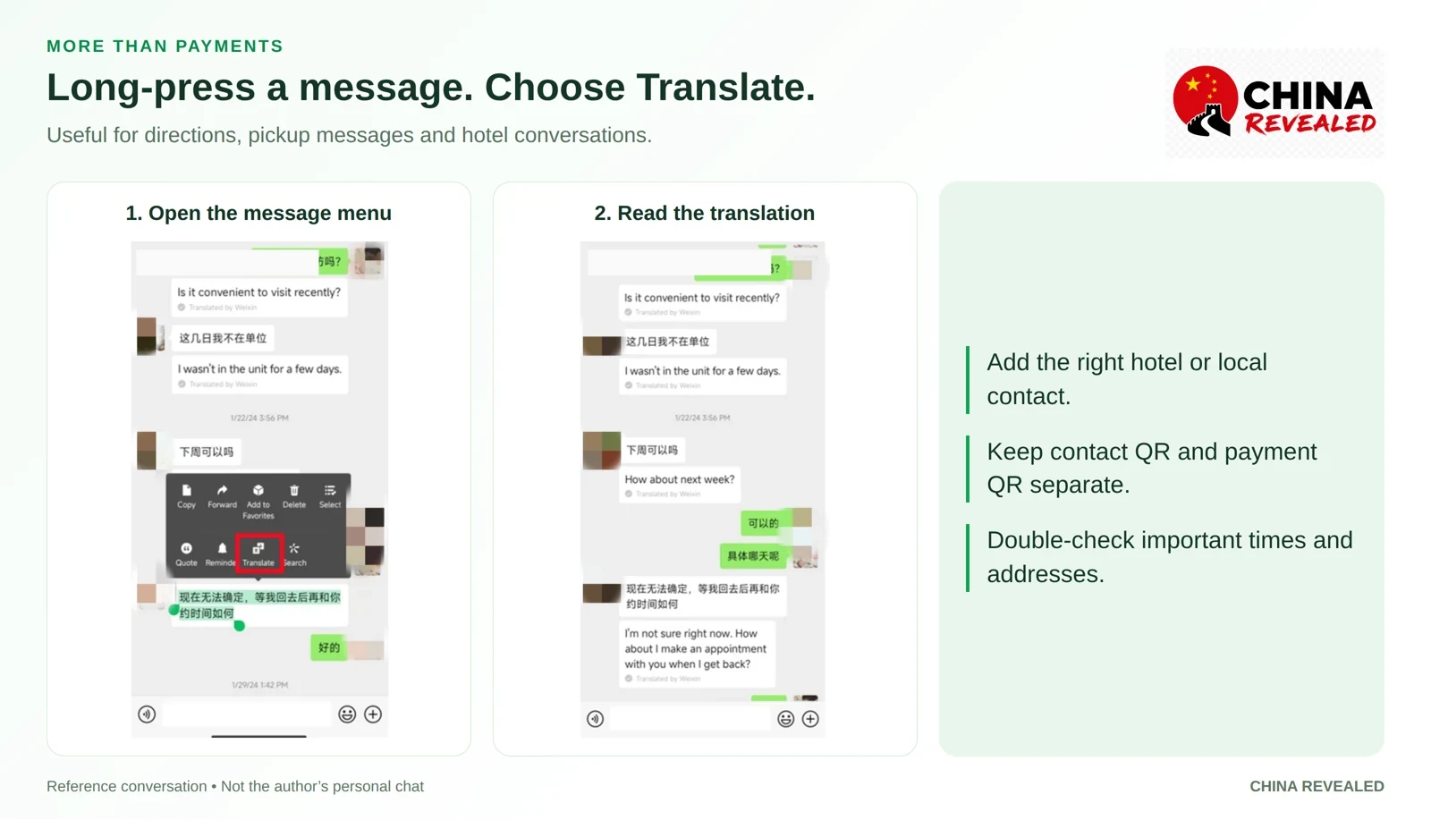 China Revealed’s WeChat reference collage showing a Chinese chat message, the long-press Translate control and the English translation appearing beneath the original text.