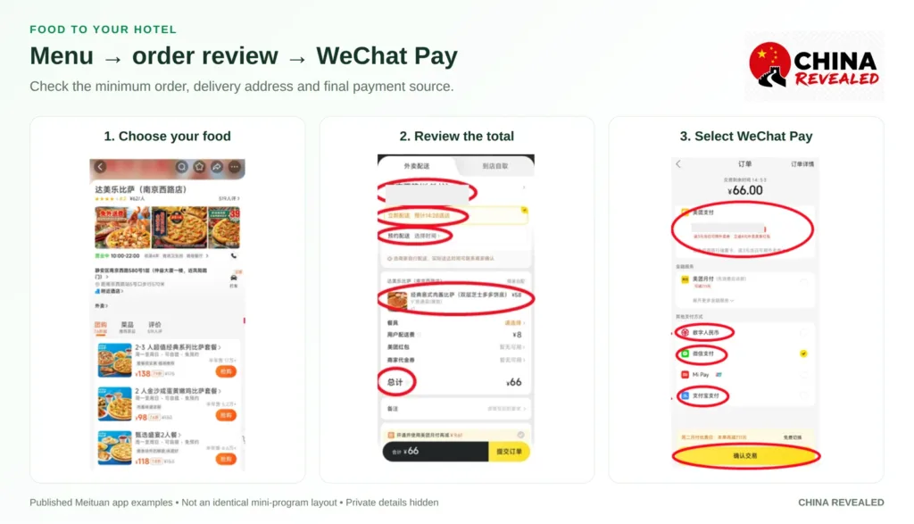 Order food delivery with Meituan: menu, order review and WeChat Pay selected as the payment method