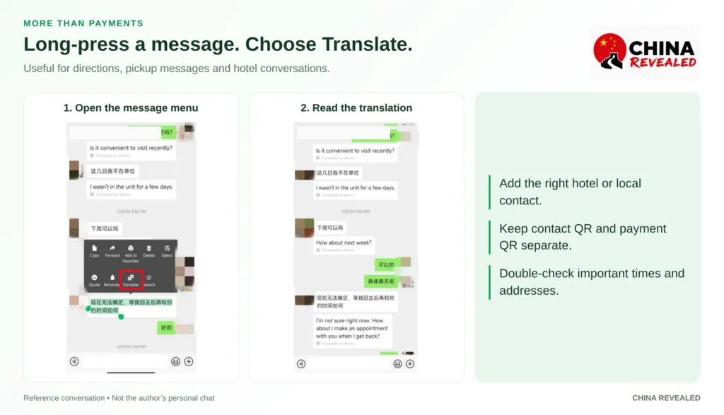Translate Chinese messages in WeChat: long-press a message, tap Translate and read the English text