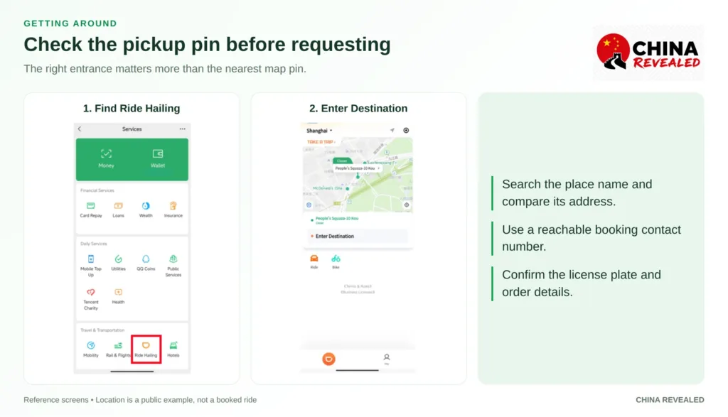 Call a ride in WeChat: Ride Hailing in Services and the map with destination field and pickup point