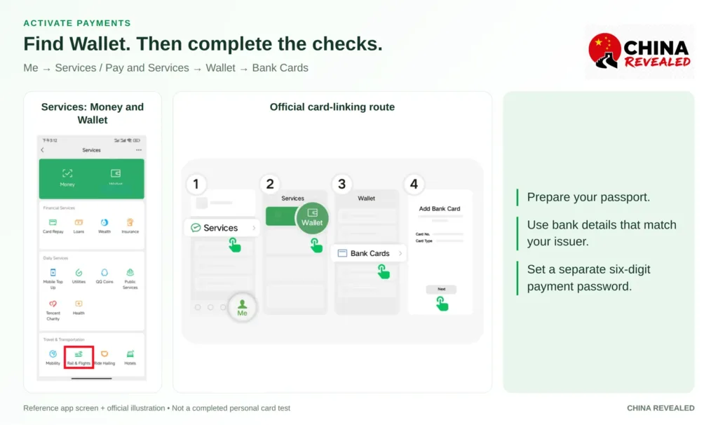 Add a foreign card to WeChat Pay: Me, Services, Wallet, Bank Cards and Add Bank Card