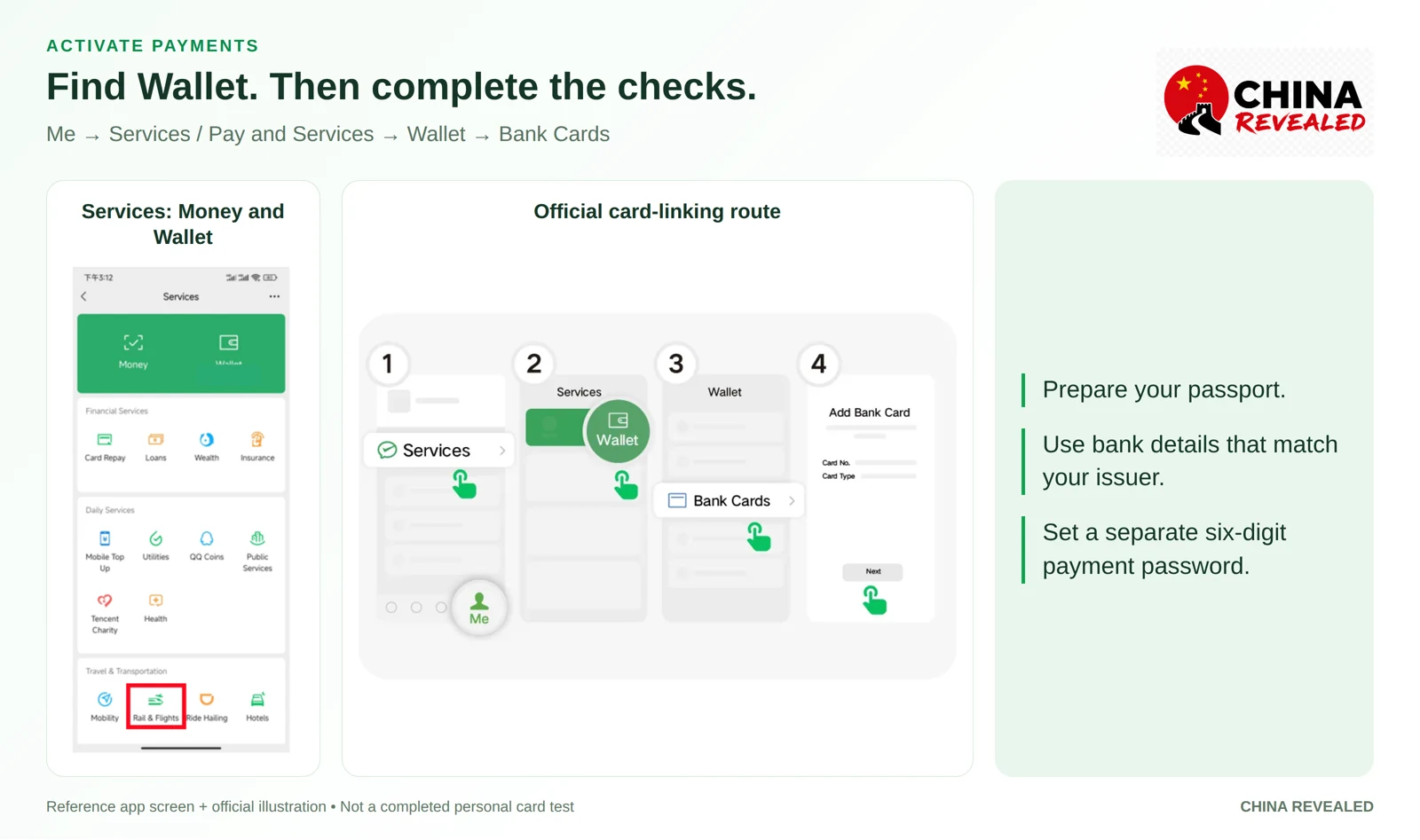 Add a foreign card to WeChat Pay: Me, Services, Wallet, Bank Cards and Add Bank Card