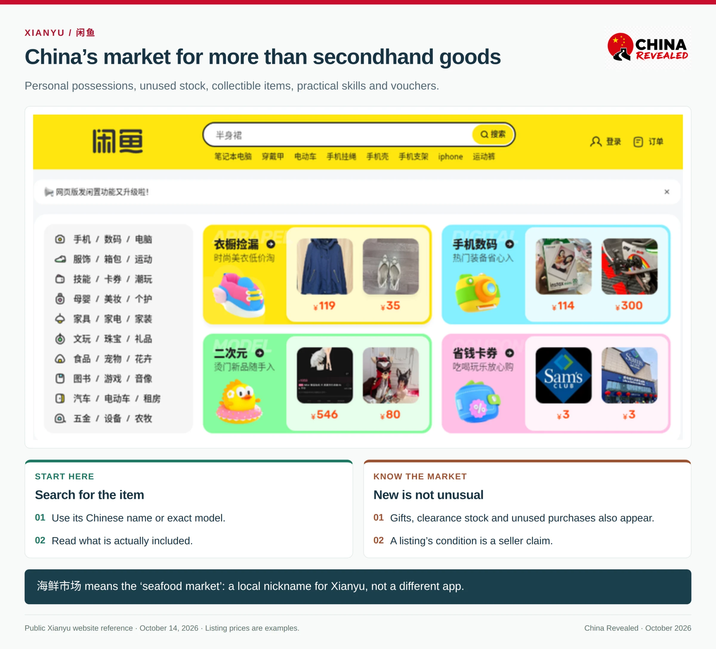 Real Xianyu website showing the search bar, used and new product categories, skill services and discount voucher sections